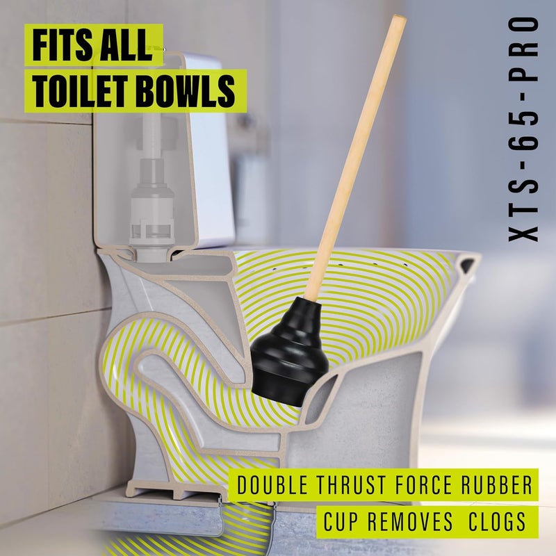 SteadMax XTS-65-PRO Heavy Duty Toilet Plunger, Commercial Grade, Powerful Double Thrust Force Rubber Cup with Wood Handle, for Clogged Bathroom, Shower, and Kitchen (22" x 5.75") - Image 3